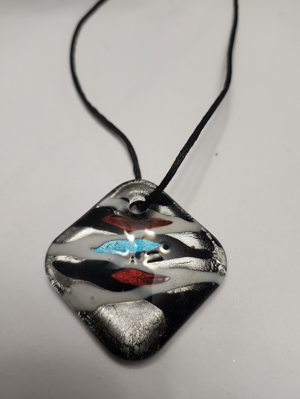 Handmade Glass Pendant Necklace with Red and Blue Accents